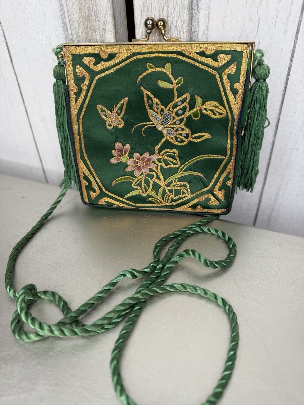 VTG Chinese Silk Embroidered Bright Green Purse Double Sided Butterfly Birds